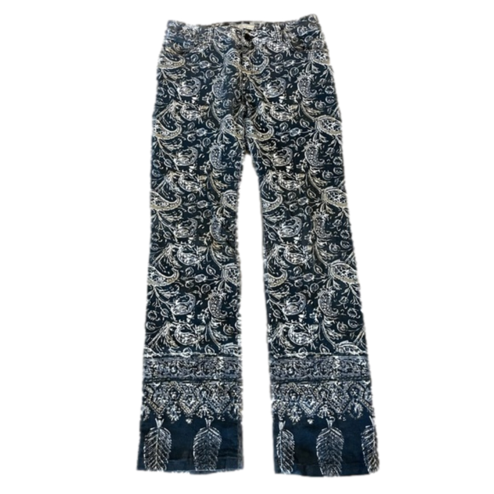 FREE PEOPLE Corduroy Paisley Patterned Pants w/ Feathers bear hem. Size …